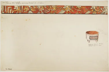 Borda interna de um vaso de tripé (que retrata figuras grotescas) e um vaso branco com desenhos contidos em retângulos (aquarela)