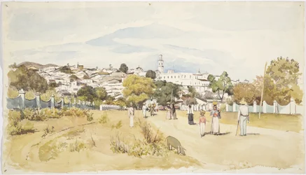 Homens, mulheres e crianças caminhando por uma estrada com um vilalge ao fundo, Jalapa (Xalapa) Veracruz, México (aquarela)