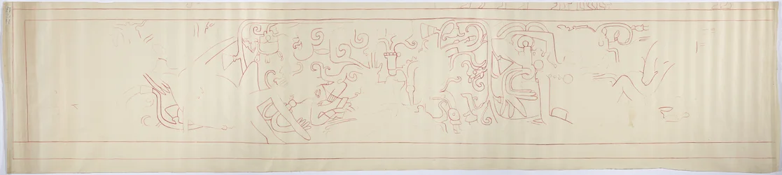 Traçado de uma pintura de parede da parede oeste, Upper Temple of the Jaguars, Chichen Itza, México (tinta vermelha e grafite)