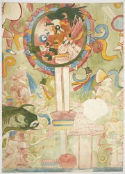Pintura representando parte do painel sul da parede oeste, Templo Superior dos Jaguares, Chichen Itza, México (aquarela, cor de corpo, grafite)