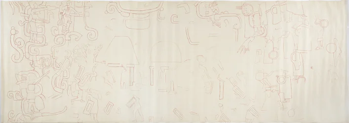Pintura da parede norte, Templo Superior dos Jaguares, seção Chichen Itza, México Centro (tinta vermelha e grafite)