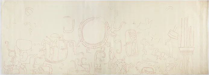 Pintura da parede norte, Templo Superior dos Jaguares, Chichen Itza, secção norte do México (tinta vermelha e grafite)