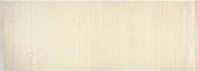 Pintura da parede norte, Templo Superior dos Jaguares, Chichen Itza, secção sul do México (tinta vermelha e grafite)