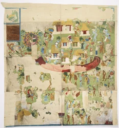 Pintura de um mural do painel norte na parede oeste, Templo A, Great Ball Court, Chichen Itza Yucatan, México (fotografia e aquarela)