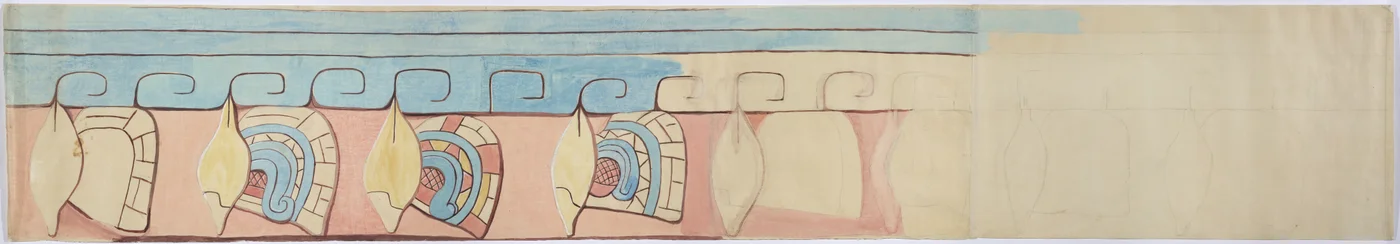Pintura do registro superior do friso de estuque em Acanceh, México