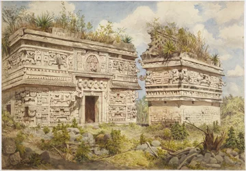 Ruínas em Chichen Itza, Yucatan, México Retrata a fachada leste do Edifício A e Iglesia (aquarela)