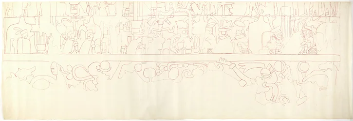 Parede Sul, Templo Superior dos Jaguares, Chichen Itza, México Quarto Sul (tinta vermelha e grafite)