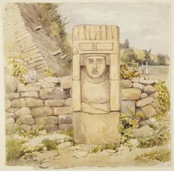 Estátua de Teayo, norte de Veracruz, México Mostra estátua de pedra com seios e braços dobrados (aguarela)