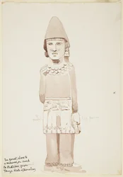 Estátua de Teayo, norte de Veracruz, México Mostra estátua de pedra com figura masculina usando kilt (aquarela)