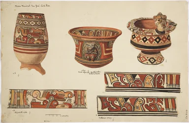 Três potes e três desenhos de Nicoya, Costa Rica (aguarela)