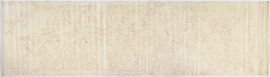 Traçado de um mural da parede oeste, Templo Superior dos Jaguares, Chichen Itza, México (tinta vermelha)