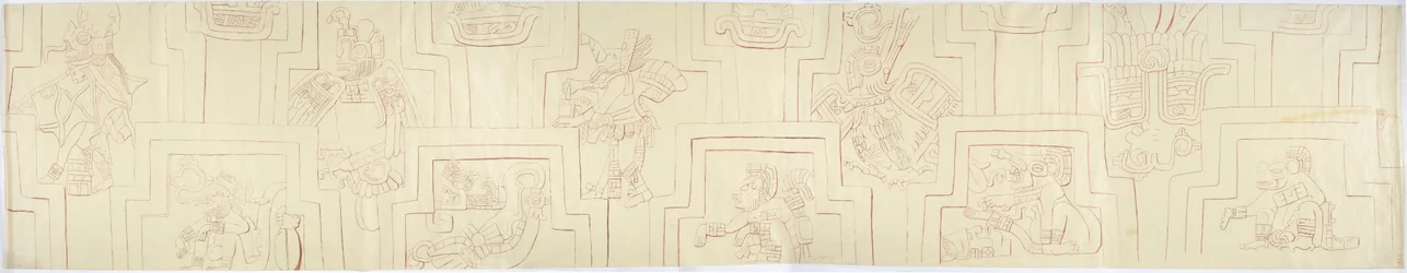 Traçado de um relevo pintado De relevos de estuque pintado da fachada de um monte ou de uma pirâmide em Acanceh, México