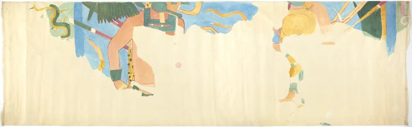 Traçado de uma pintura mural em Chichen Itza, México Da parede leste, câmara central interna, Templo Superior dos Jaguares, Grande Corte de Bolas
 (aguarela, cor de corpo, grafite)
