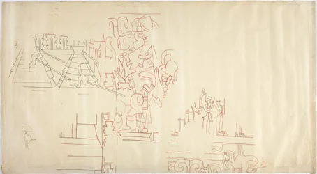 Traçado de uma pintura de parede da Casa de Monjas, Chichen Itza, México Traçado e tintado em tinta preta e vermelha (tinta vermelha e preta e grafite)