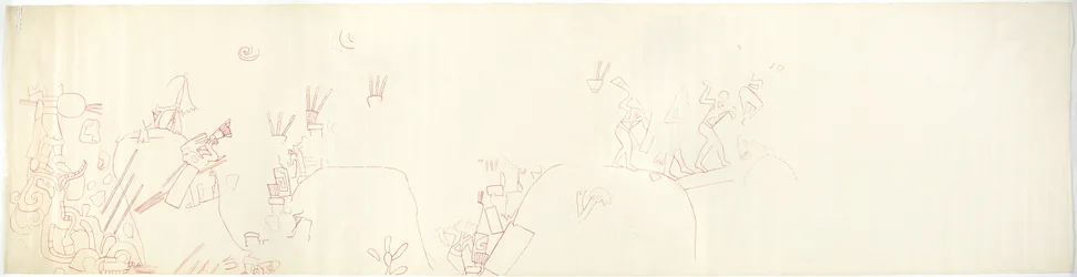 Traçado de uma pintura de parede da parede leste, Upper Temple of the Jaguars, Chichen Itza, México (tinta vermelha e grafite)