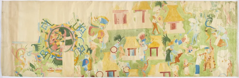 Traçado de uma pintura de parede da extremidade norte da parede oeste, Templo Superior dos Jaguares, Chichen Itza, México
 (aguarela e cor de corpo)