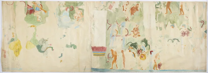 Traçado de uma pintura de parede do painel norte, parede oeste, templo superior dos Jaguares, Chichen Itza, México
 (aguarela e cor de corpo)