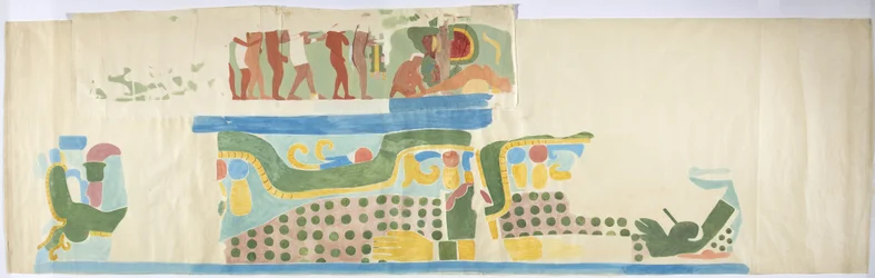 Traçado de uma pintura de parede de uma porta, Upper Temple of the Jaguars, Chichen Itza, México (aquarela, cor de corpo, grafite)
