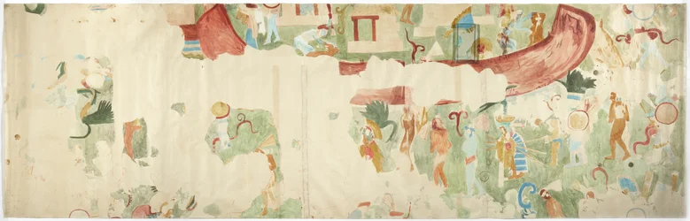 Traçado de uma pintura de parede da parede noroeste, câmara interior, templo superior dos Jaguares, Chichen Itza, México
 (aguarela e cor de corpo)