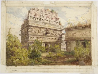 Uins de Chichen Itza, Yucatan, México Retrata a fachada oeste da Iglesia (aquarela)