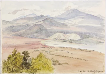Vista do Cerro del Calvario, Patzcuaxo de um lado do papel e do outro é uma vista da antiga fortaleza e dos montes de pedra, Iguatcho do Cerro del Calvario, Patzcuaro, Michoacan, México (aguarela)