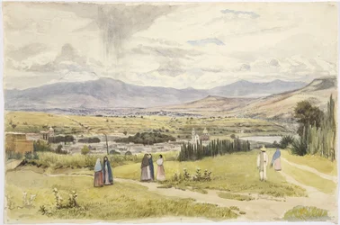 Vista de Tlaxcala e Ixtaccihuatl no México (aquarela)