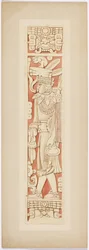 Figura guerreira na porta encrava entre as câmaras internas e externas do Templo Superior dos Jaguares (aguarela)
