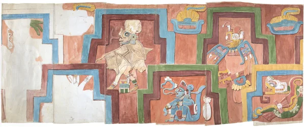 Cópia aquarelada da fachada em estuque do templo na pirâmide em Acanceh Escala completa Duas filas de figuras dentro de uma moldura escalonada Figuras 6-11 (aquarela)