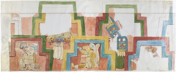 Cópia aquarelada da fachada em estuque do templo na pirâmide em Acanceh Escala completa Duas filas de figuras dentro de uma moldura escalonada Figuras 1-5 (aquarela)