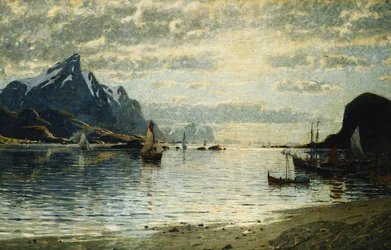 Uma cena de fiorde com embarcações à vela,