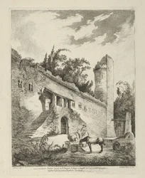 Vista de um antigo castelo localizado no caminho de Roma para Nápoles de Differentes vue..., século XVIII.