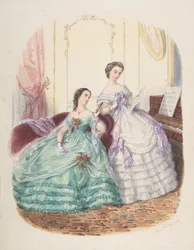 Estudo de moda: duas mulheres em vestido de noite, ca. 1860.