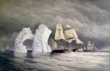 Navios britânicos Phoenix, Talbot e Diligence atravessando um icebergue (Ártico do Canadá). Aguarela (58x88 cm), de Edward Augustus Inglefield (1820-1894)