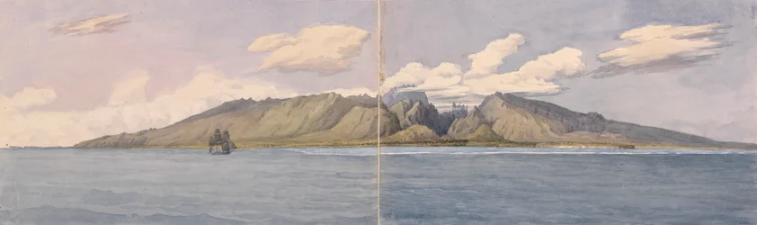Taiti [Ilhas da Sociedade]. A Ravina de Fautaua - Montanha da Coroa ou Diadema no centro da ilha, e a cidade de Papeiti, 24 de agosto de 1849