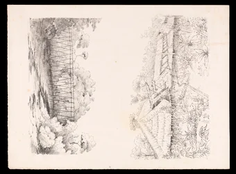 Aldeia da tribo Stang, Sarawak, Bornéu; e uma ponte de postes sobre um rio de West Indies, North American and Borneo scrapbook, c.1845 (litografia)