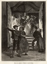 Uma cena de cabaré, um casal deixa a cena, enquanto um homem as ameaça com uma faca, segurada por duas mulheres; enquanto outro casal as enfrenta ao entrar no cabaré, gravando depois do desenho de Adolf Dillens, ilustrando uma viagem a Zelande (Neerlande),