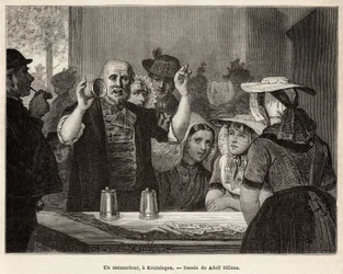 Um retractor, numa estalagem em Kruiningen, faz o seu número diante de espectadores atentos, gravado após o desenho de Adolf Dillens, ilustrando uma viagem a Zelande (Neerlande), em 1873, de Charles de Coster, publicado em "Le tour du monde" 1874, editado