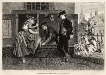 Um sapateiro de uma aldeia da Zelândia, faz uma jovem experimentar um sapato acompanhado por um jovem, gravando após o desenho de Adolf Dillens, ilustrando uma viagem a Zelande (Neerlande), em 1873, de Charles de Coster, publicado em "Le tour du monde" 187