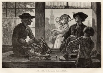 Um alfaiate e seu aprendiz, trabalhando à beira da janela para apreciar a luz e o espetáculo dos transeuntes da rua, em Rilland (Beveland do Sul), gravando após o desenho de Adolf Dillens, ilustrando uma viagem a Zelande (Neerlande), i