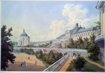 O grande Palácio Oranienbaum (residência real da Rússia), situado em Lomonossov, na aglomeração de São Petersburgo. Pintura de Adolf Bezemann (1806-1867). Aguarela sobre papel