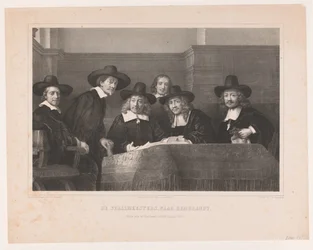 De Staalmeesters: o colégio de mestres de amostra (waardijns) da guilda de fabricantes de tecidos de Amsterdã De Staalmeesters, depois de Rembrandt / Premium plate der Kunstkronijk, XVI Volume (1854) (título no objeto)