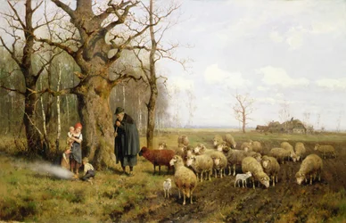 Crianças com Pastor e Ovelha numa Paisagem (óleo sobre tela)