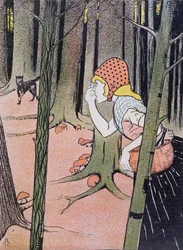 Chapeuzinho Vermelho vê o lobo na floresta, ilustração de Jugend publicada em Muenchen 1896