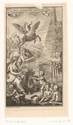 Cena alegórica com mulher escrevendo, bustos, Pegasus e Apollo Página de título para: Cornelis Sweerts, símbolos poéticos, 1736