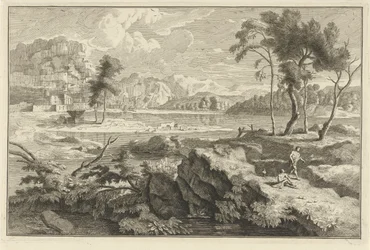 Paisagem da Arcádia com rochas e rio Paisagens italianas e alemãs (título da série)