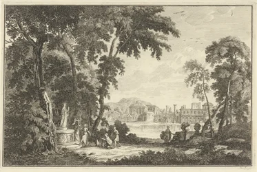 Paisagem do rio Arcadian com figuras adorando uma estátua Paisagens italianas e alemãs (título da série)