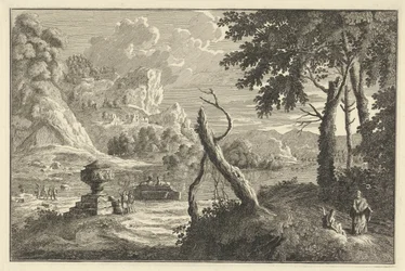 Paisagem do rio Arcadian com árvore quebrada
Paisagens italianas e alemãs (título da série)