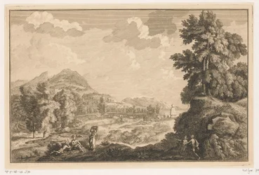 Paisagem do rio Arcadian com pastores e uma mulher com uma cesta de lavanderia Paisagens italianas e alemãs (título da série)