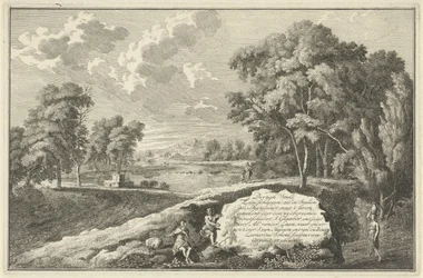 Paisagem do rio Arcadian com mulher e criança
Impressão do título para: Trinta peças de paisagens tanto em Itália como em Duytslandt
Paisagens italianas e alemãs (título da série)