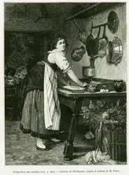 Preparação do macarrão. Gravura de Hildibrand, para ilustrar a história A Through Alsace and Lorraine, em 1887, de Charles Grad, deputado alemão, no tour du monde 1888, dirigido por Edouard Charton (1807-1890), Hachette, Paris.